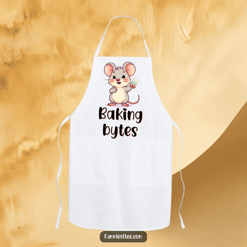 Funny cheerful mouse holding a glowing USB drive, pointing encouragingly at a screen, a fun kitchen apron.