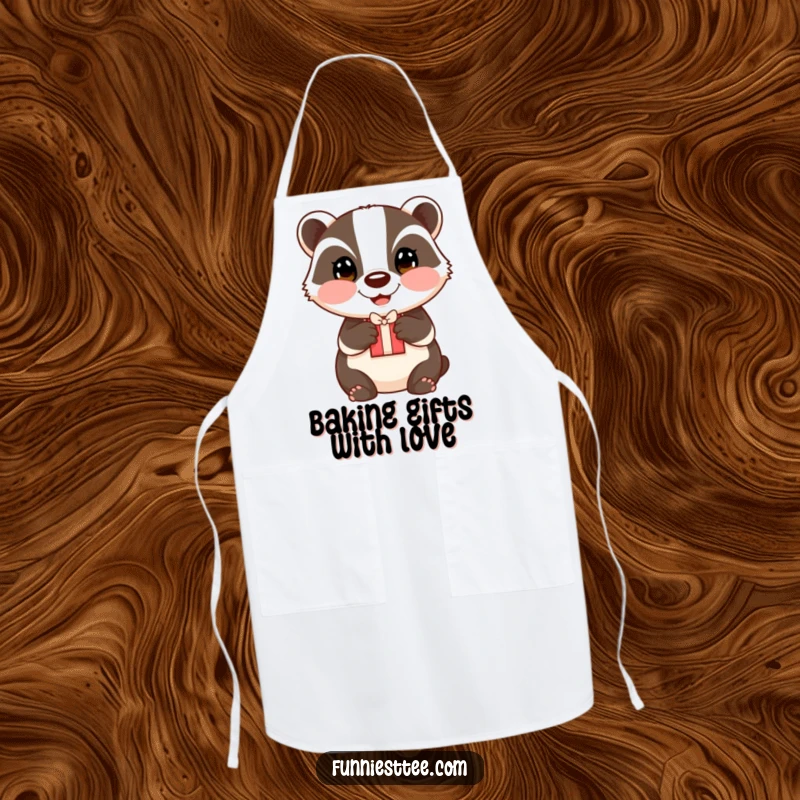 Funny badger apron, a happy badger with rosy cheeks offering a small gift, ready for kitchen fun.