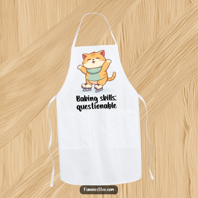 Funny Apron illustration of a chubby cat attempting to ice skate in a kitchen setting, looking utterly bewildered by its own paws.