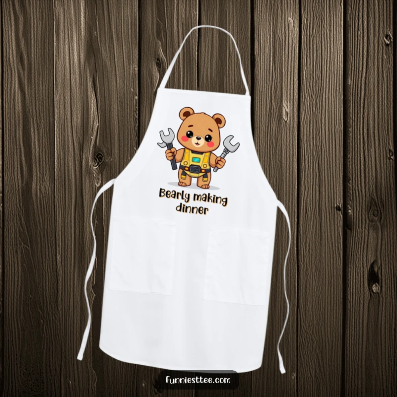 Funny Bear Apron: A cheerful bear holds a wrench and proudly shows off a half-built robot, ideal for workshop fun.
