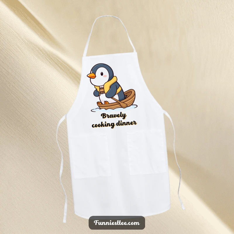 Funny penguin apron showing a determined penguin in a tiny life vest, bravely paddling a small boat, great for cooking.