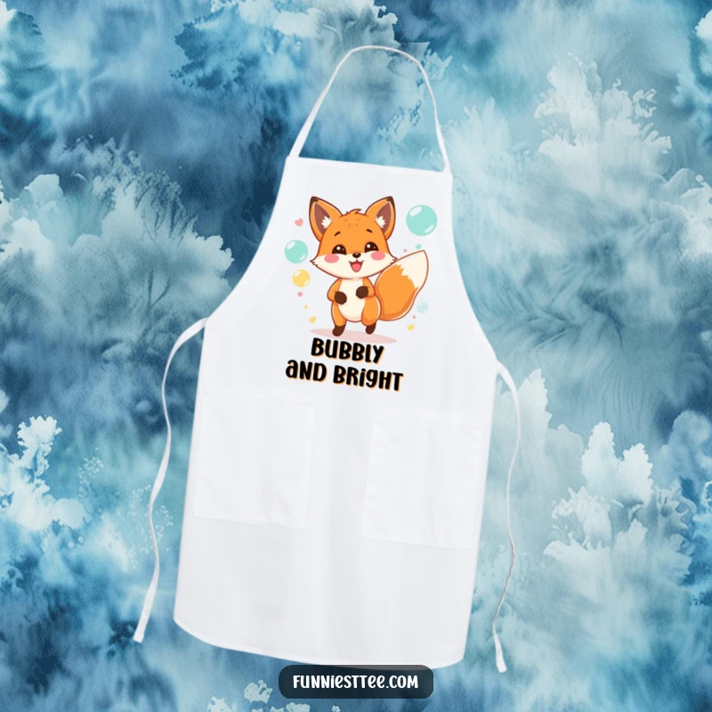 Funny apron featuring a cheerful fox with a wagging tail, playfully chasing bubbles at a lively party.