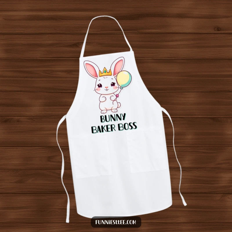 Funny apron depicting a playful rabbit with a crown and balloon, perfect for adding royal flair to culinary tasks with a smile.