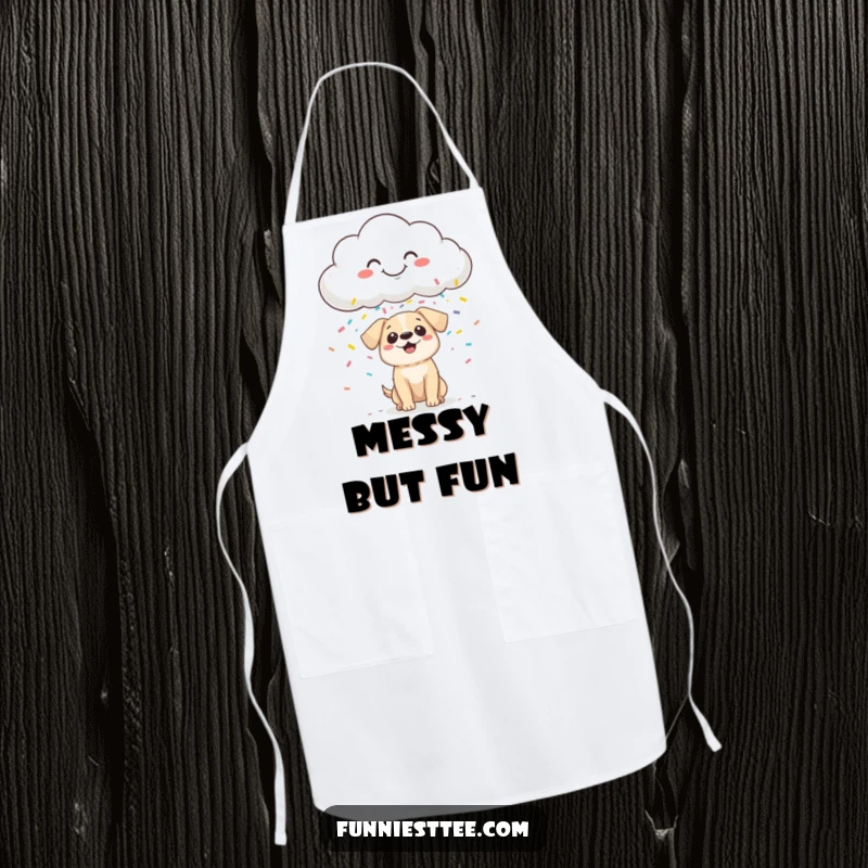 Funny Apron graphic of a smiling cloud showering a tiny, surprised dog with a festive burst of colorful confetti.