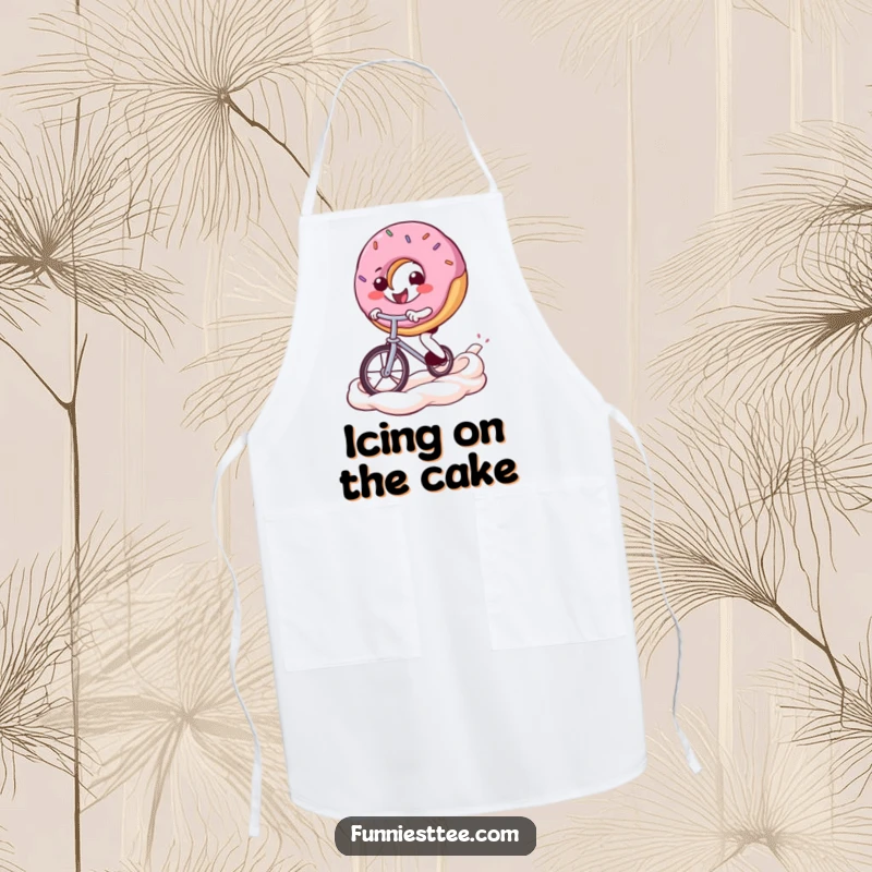Funny donut apron showing a smiling donut character skillfully riding a unicycle over a frosting swirl, ready for kitchen duty with a grin.