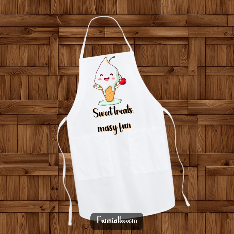 Funny ice cream apron featuring a smiling, melting cone attempting a high-five with a cherry, a humorous and charming kitchen accessory.