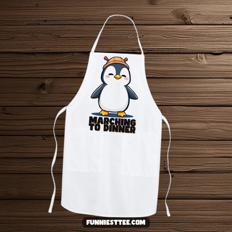 Funny apron featuring a determined penguin in a propeller hat, marching forward with gusto.
