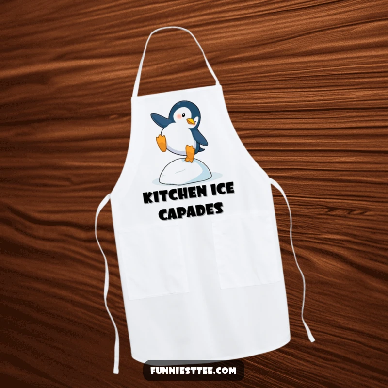 Funny Penguin Trip Apron: A penguin dramatically trips over a single icy pebble, a fun and practical kitchen accessory.