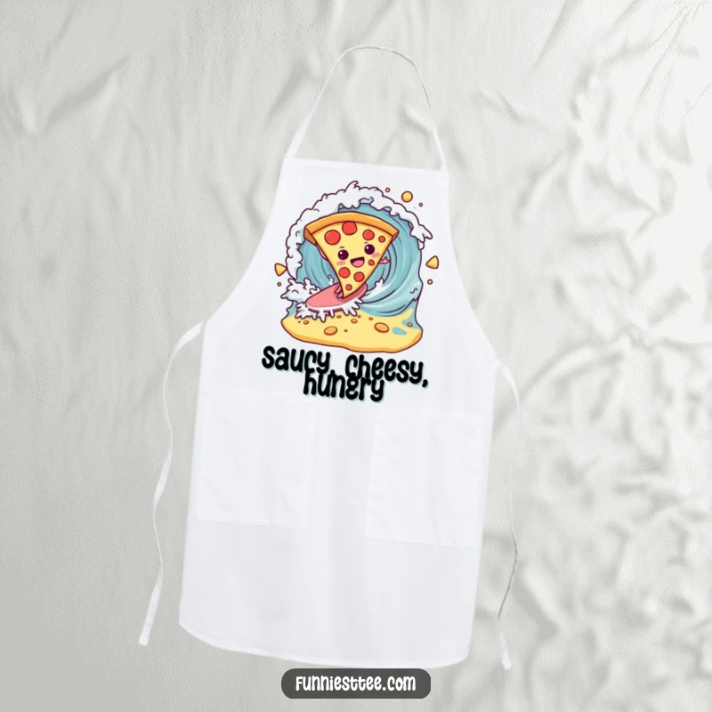 Funny determined pizza slice surfing a breaking wave of cheese on an apron, a humorous and practical kitchen accessory.