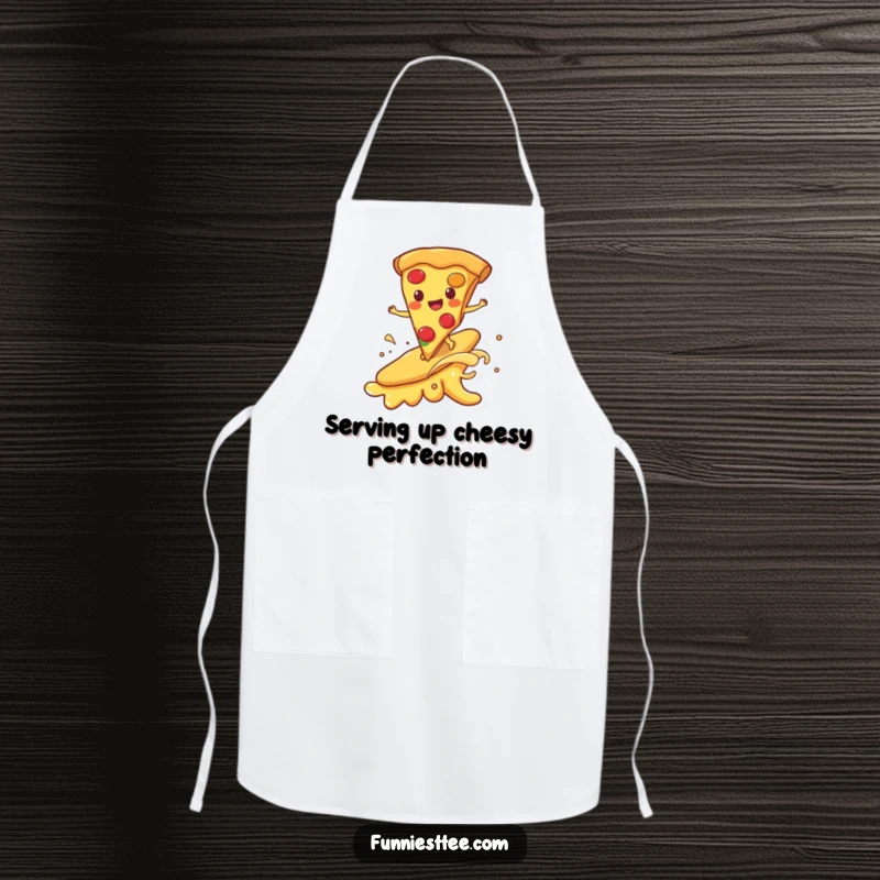 Funny apron showcasing a happy pizza slice surfing on a melting cheese wave, perfect for chefs who appreciate humorous and delicious food-themed kitchen attire.