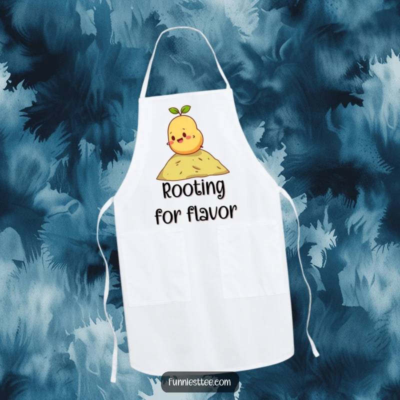 Funny apron showing a happy potato rolling down a miniature hill, ready for kitchen duty with determined cheer and a touch of humor.