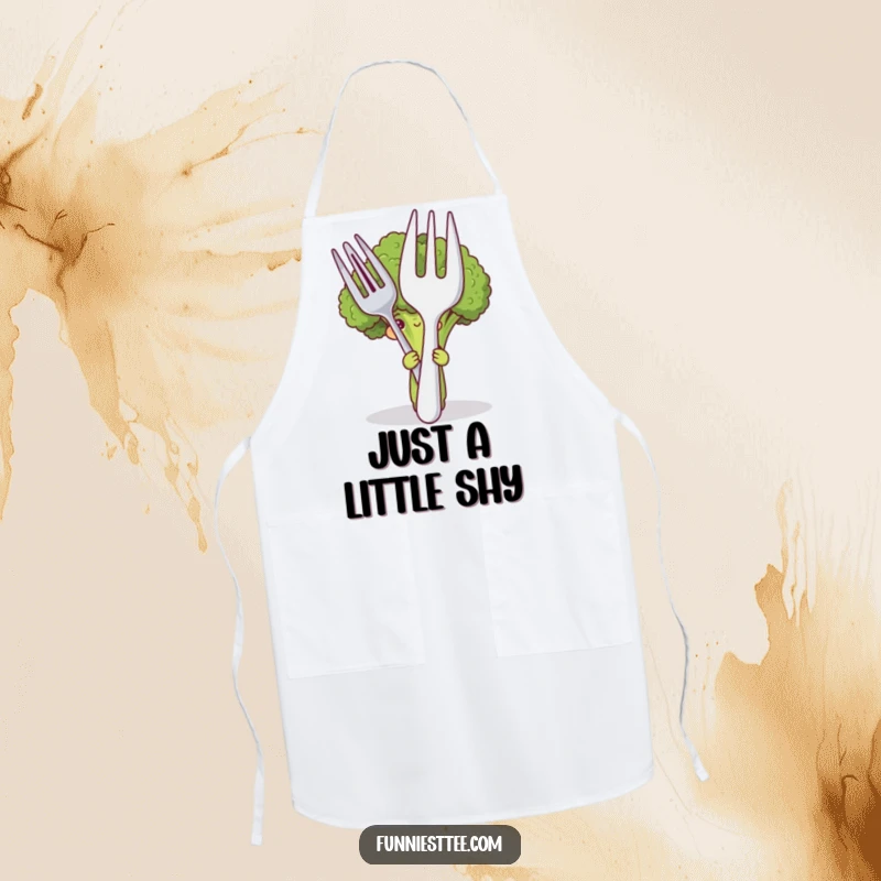 Funny apron featuring a shy broccoli character hiding behind a giant fork and spoon, designed for humorous kitchen protection and style.