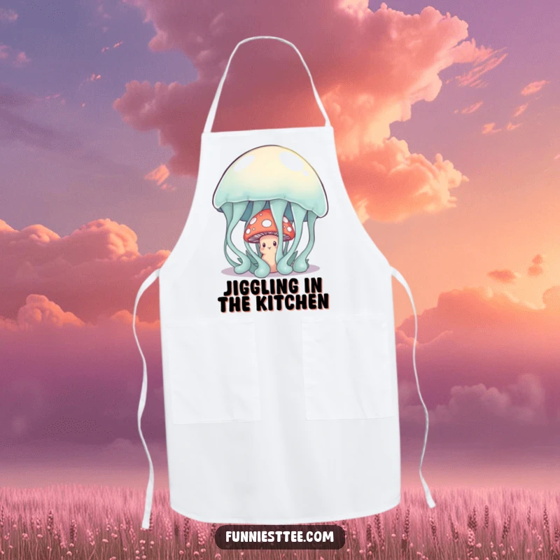 Funny shy mushroom character hiding behind a large, wobbly jelly on an apron, a sweet and humorous kitchen accessory.