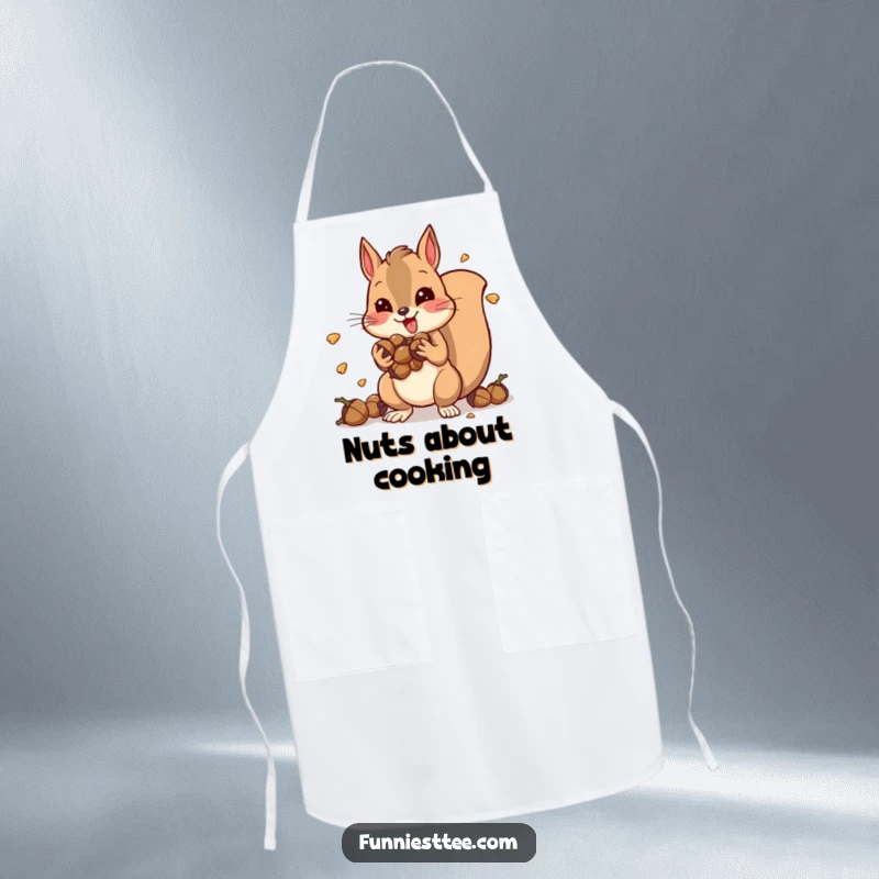 Funny apron showing a hyper squirrel stuffed with acorns, vibrating with energy, ready to bring chaos and smiles to the kitchen.