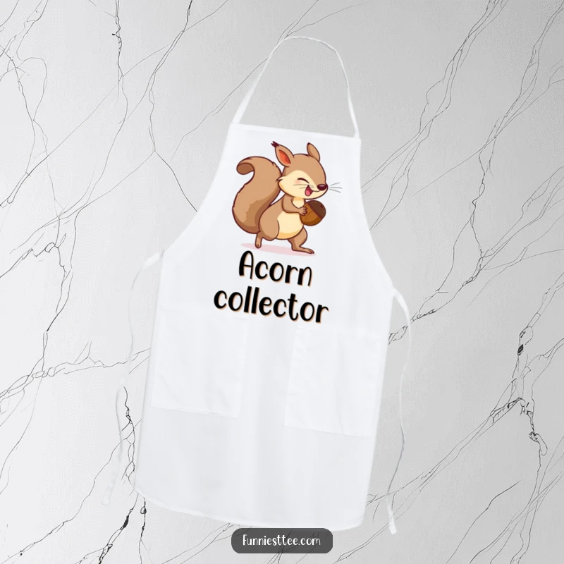 Funny Apron graphic of a determined squirrel with a comically large acorn chasing its own tail, ready for culinary challenges.