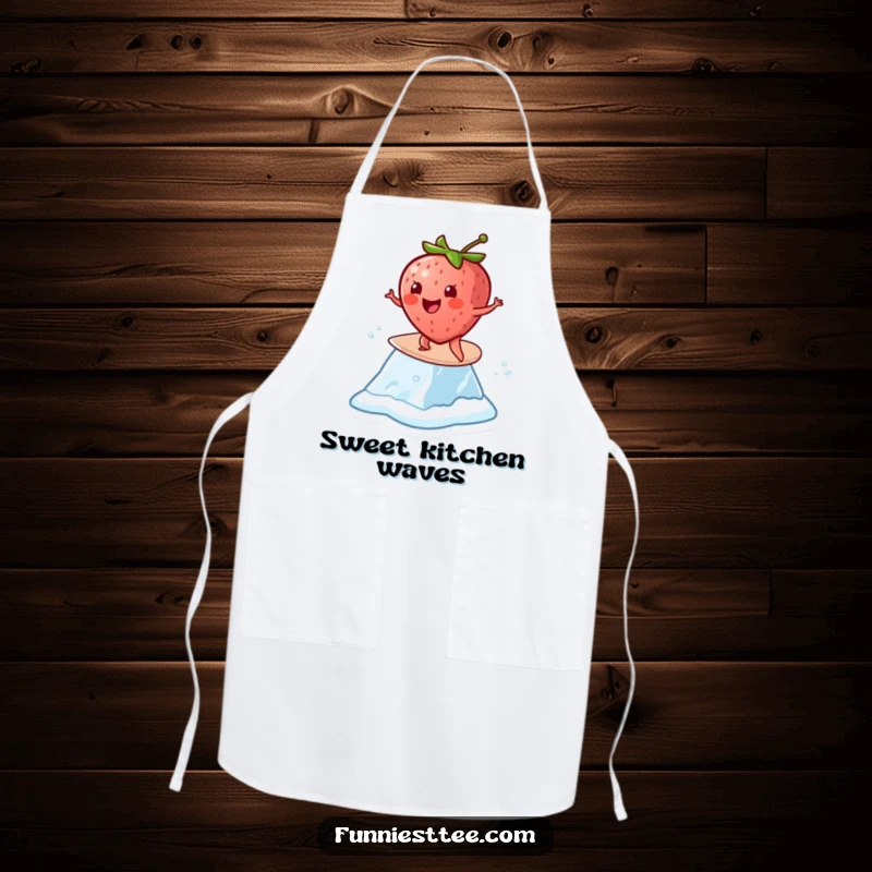 Funny Strawberry Surf Apron: A cheerful strawberry surfs on a melting ice cube, a fun and practical kitchen accessory.
