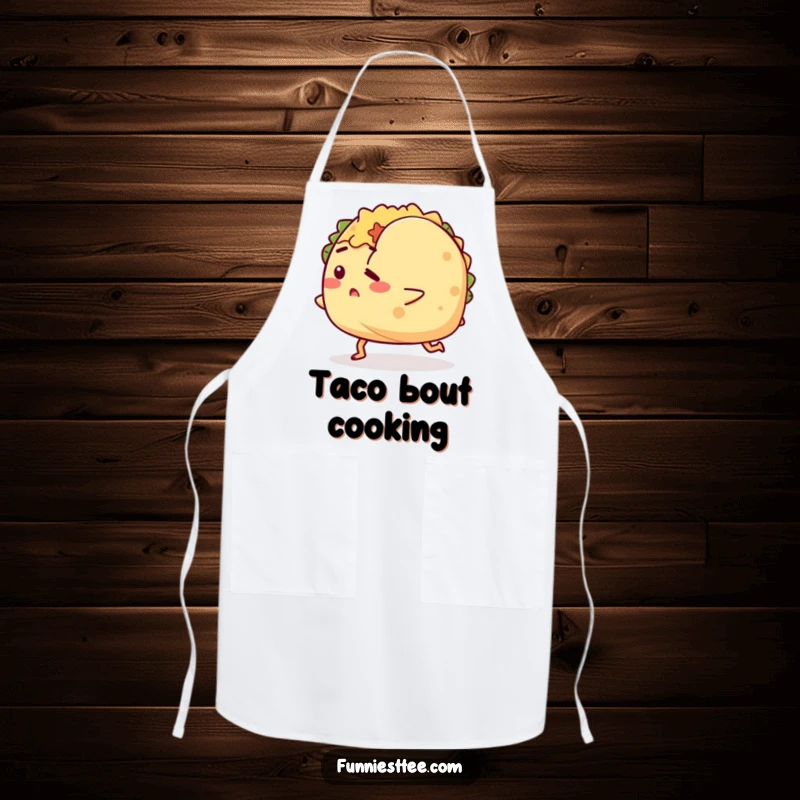 Funny apron with a determined taco character hilariously tripping over its shell, designed for humorous kitchen protection and adding a playful vibe.