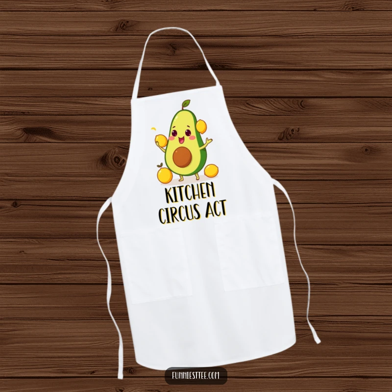 Funny and practical apron with an avocado comically juggling lemons, perfect for kitchen antics.