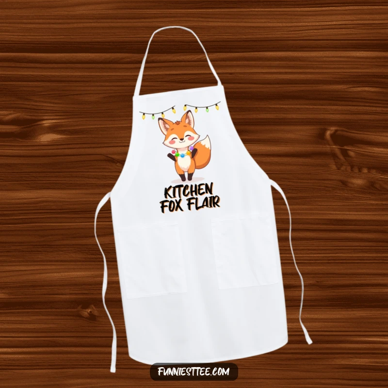 Funny apron depicting a giggling fox with a garland dancing under string lights, perfect for adding festive fun to culinary tasks.