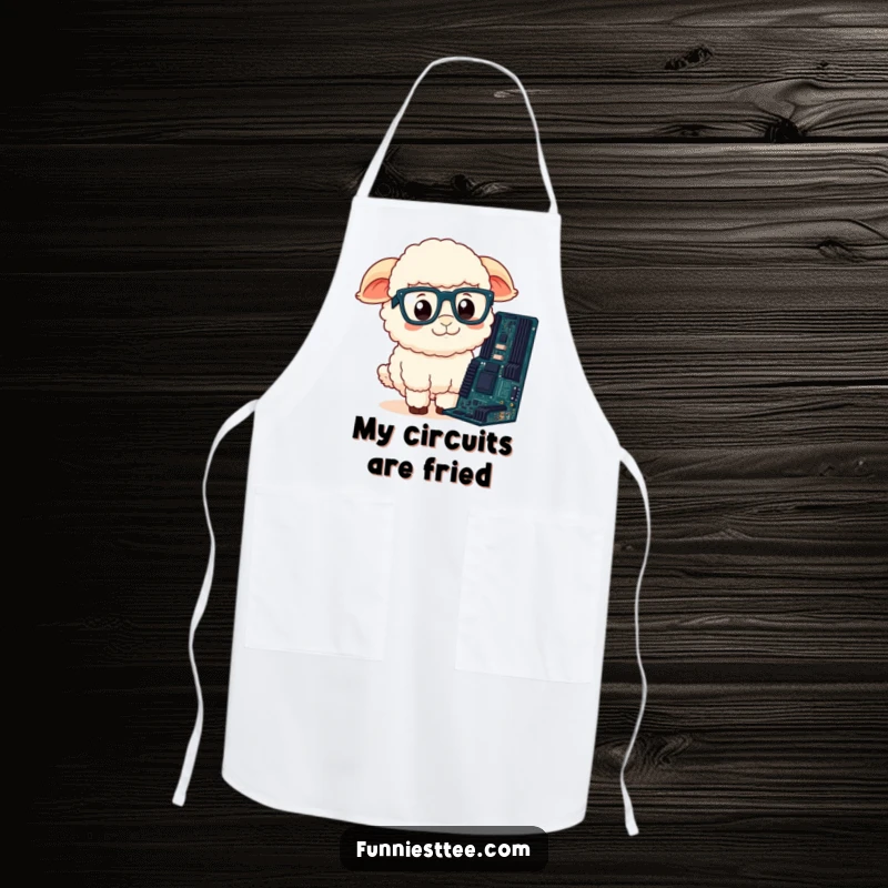 Funny Sheep Apron: Sheep wearing glasses looks confused at a motherboard, ideal for kitchen humor and gifting.