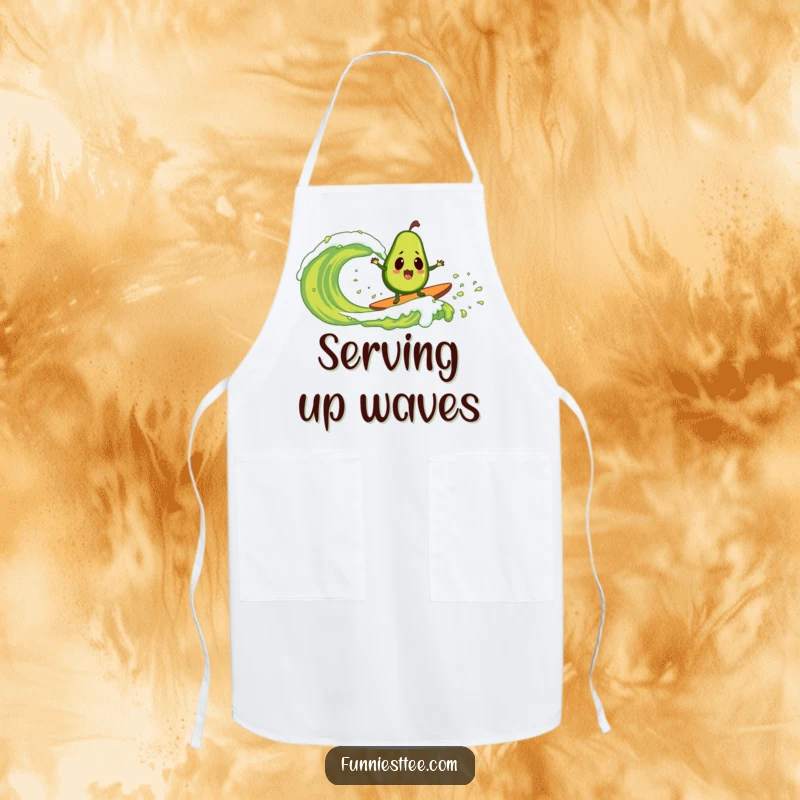 Funny apron depicting a shocked avocado surfing a giant guacamole wave, ideal for adding humor to cooking and kitchen activities.