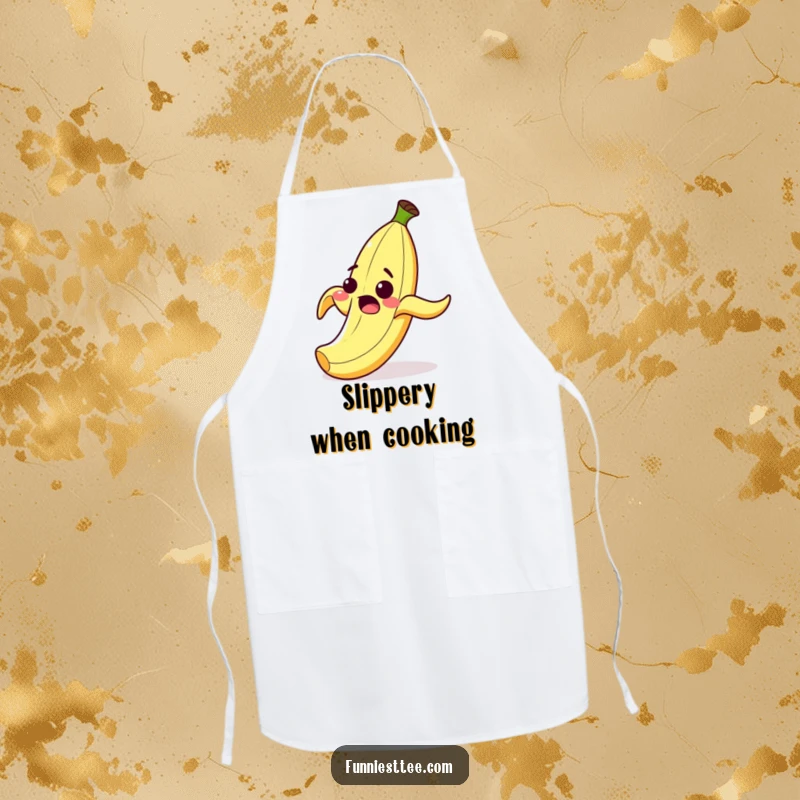 Funny apron featuring a surprised cartoon banana peel with a wide grin, comically slipping on its own peel, a delightful kitchen accessory.