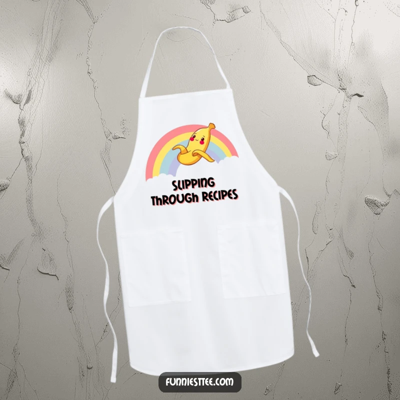 Funny Banana Rainbow Apron featuring a cheerful banana peel sliding gleefully down a rainbow, perfect for humorous cooking sessions.