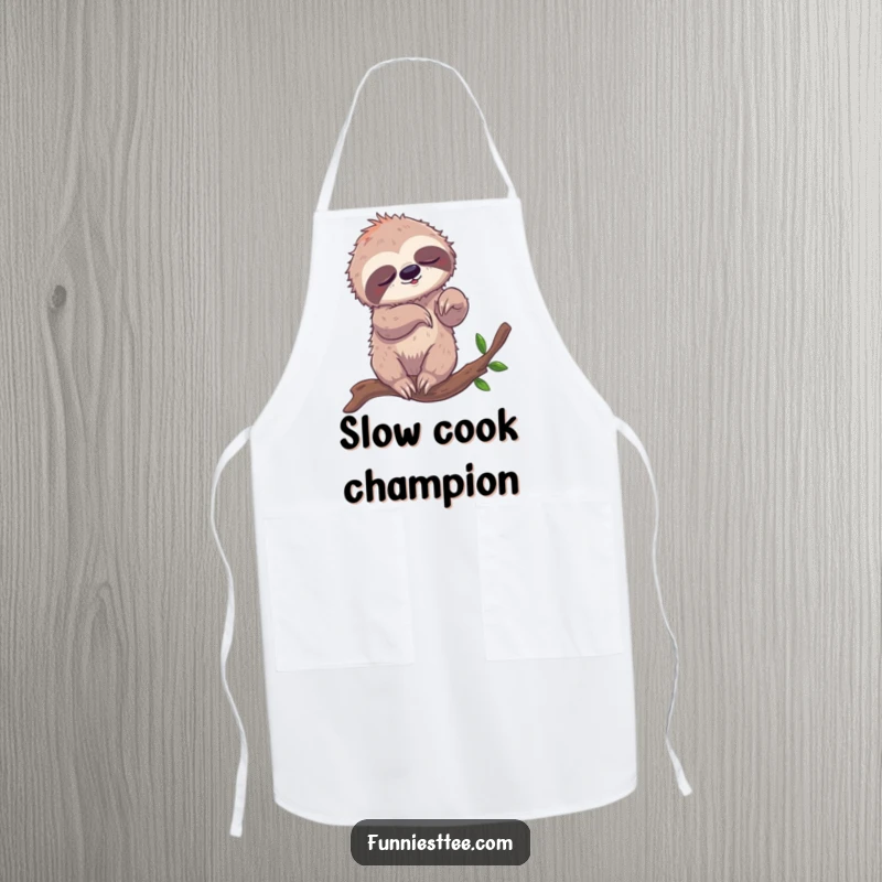 Funny apron featuring a sleepy sloth comically tangled in its limbs while attempting to breakdance on a branch, a hilarious kitchen companion.