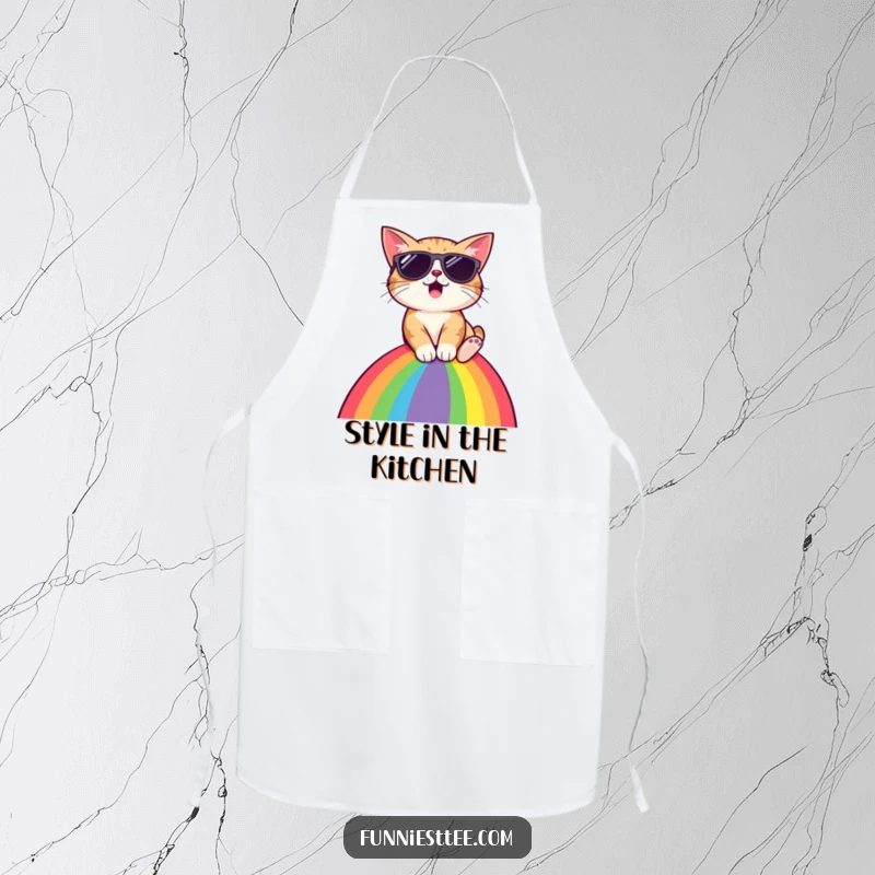 Funny cat wearing sunglasses, sliding down rainbow, cute apron, bringing cosmic humor to cooking, excellent gift.