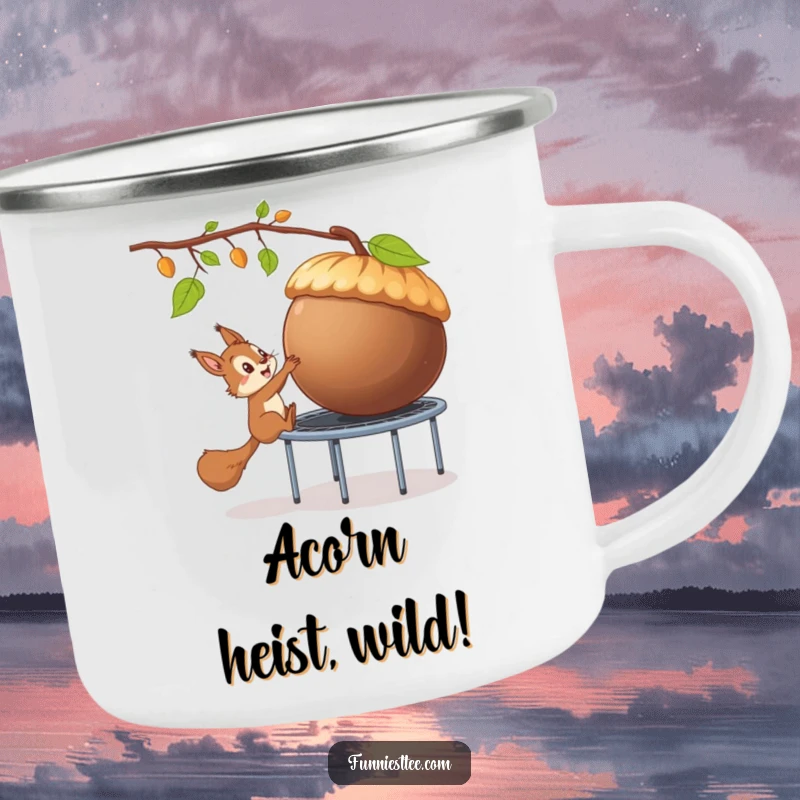 Funny camping mug featuring a squirrel using a trampoline to steal a giant acorn, great for outdoor enthusiasts with a sense of humor.