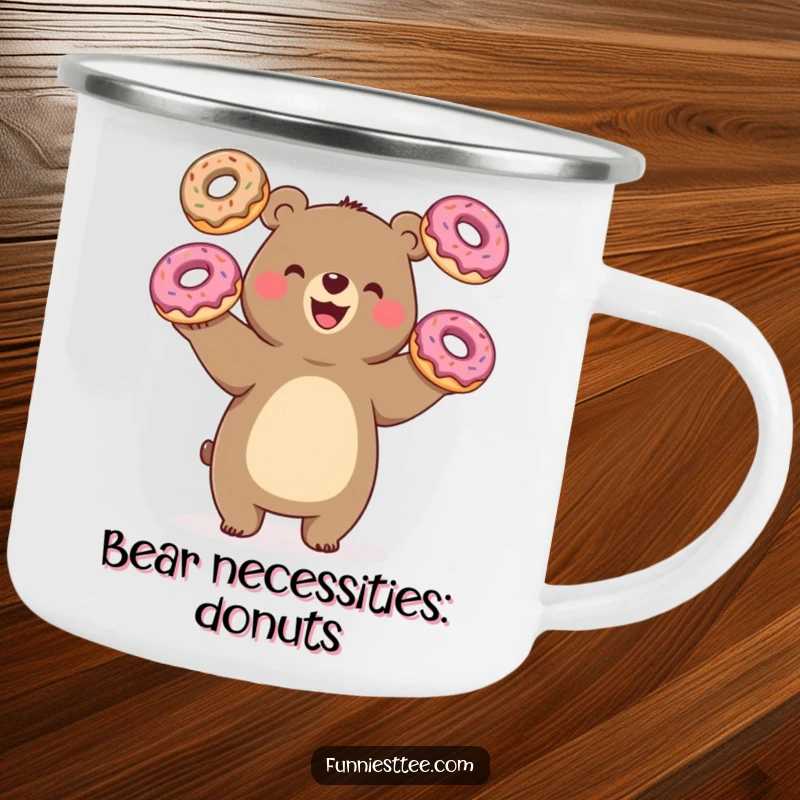 Funny bear juggling donuts, oversized treats, durable camping mug, ready for outdoors, radiating humor, excellent gift.