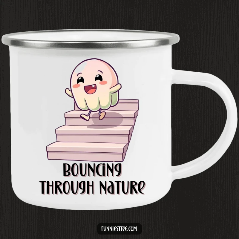 Funny camping mug with a wobbly jelly character bouncing down stairs, built for rugged enjoyment and carrying humorous vibes outdoors.