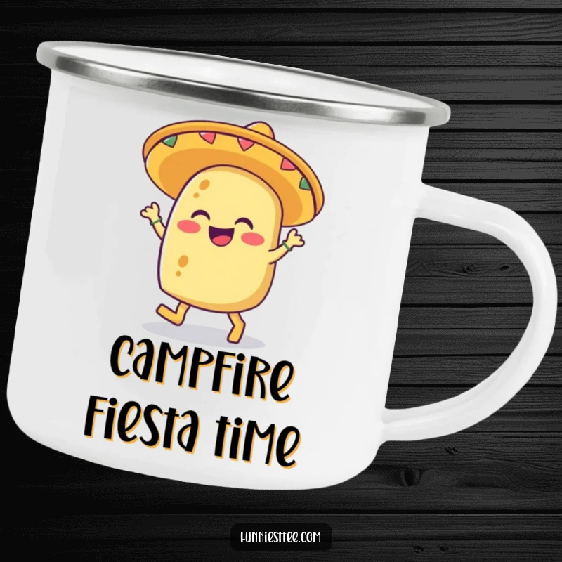 Funny camping mug featuring a giggling taco in a sombrero, tapping its feet, perfect for outdoor enjoyment.