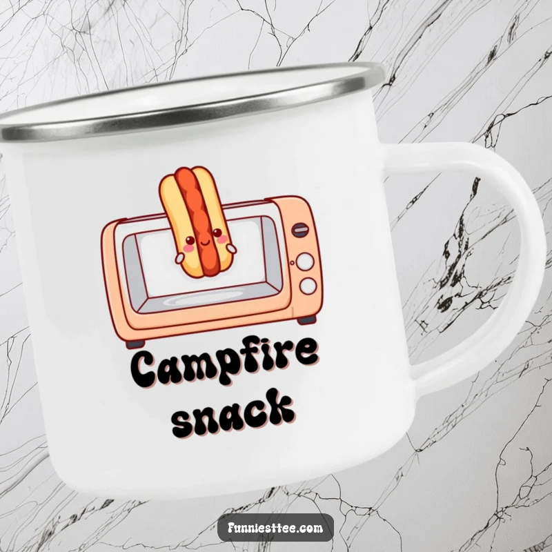Funny hot dog camping mug showing a hot dog popping from a toaster oven, ideal for anyone who loves hilarious and sturdy outdoor drinkware.
