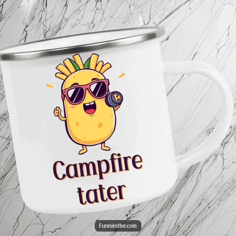Funny potato camping mug with a potato character in sunglasses holding a French fry mic, ready for campfire concerts.