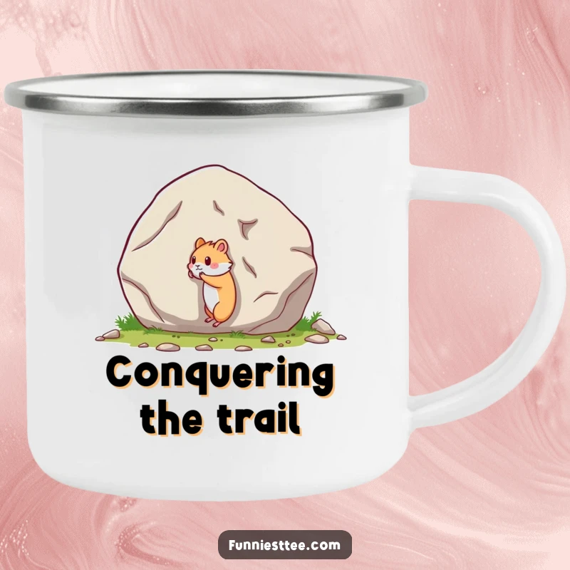 Funny camping mug with a tiny hamster pushing a giant boulder, designed for outdoor humor and durability.