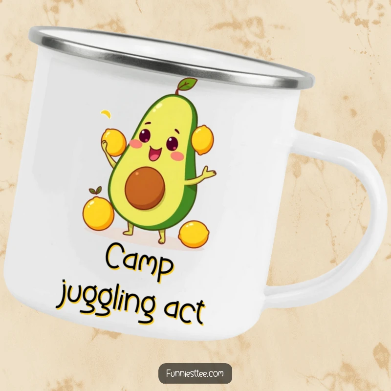Sturdy funny camping mug with an avocado comically juggling bright yellow lemons, ready for any adventure.
