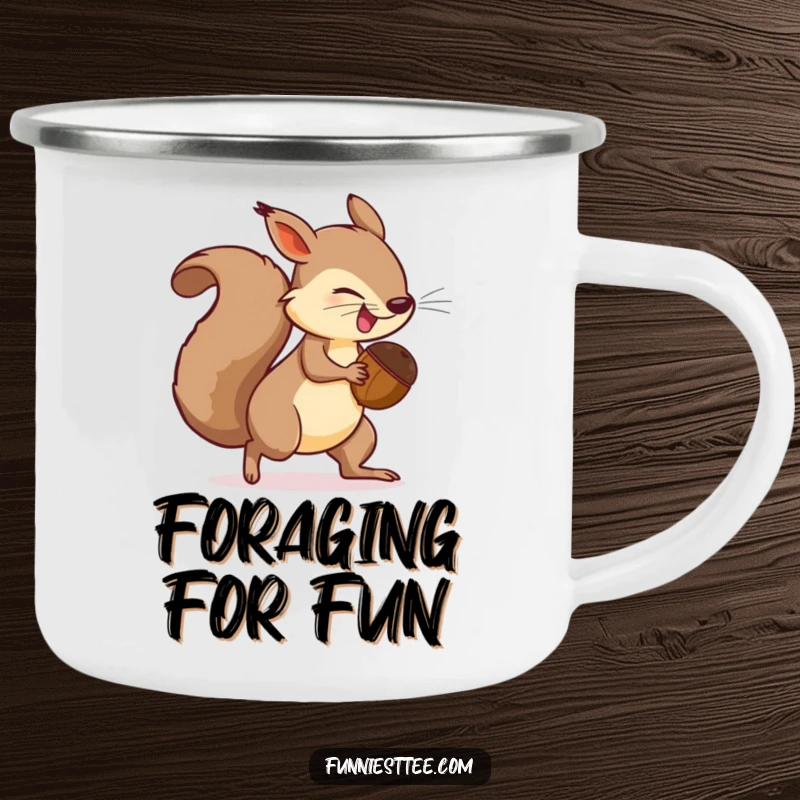 Funny Camping Mug illustration of a determined squirrel with a comically large acorn chasing its own tail in a forest setting.