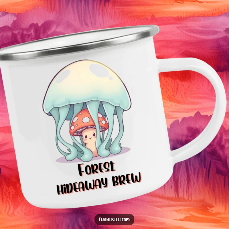 Funny shy mushroom character hiding behind a large, wobbly jelly on a camping mug, a humorous and durable outdoor mug.