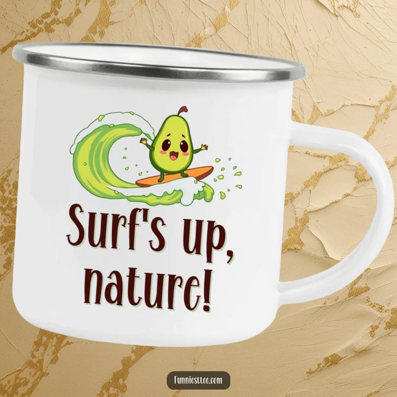 Funny camping mug featuring a surprised avocado surfing a guacamole wave, ideal for outdoor enthusiasts who appreciate humor.