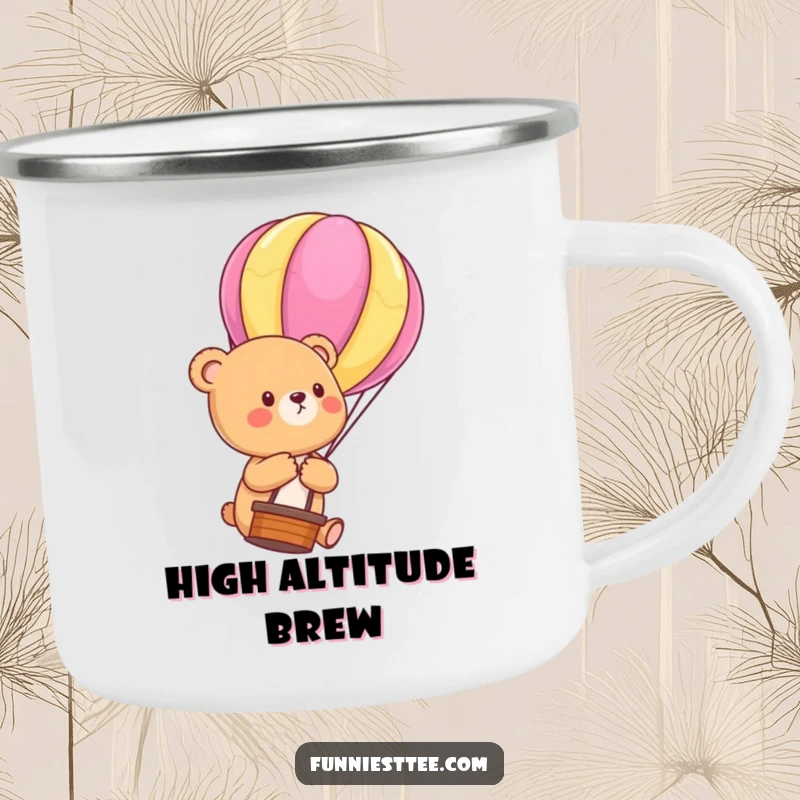 Funny Bear Cub Balloon Camping Mug: Enamel mug with a cute bear cub floating upwards, holding a hot air balloon string, a funny outdoor companion.