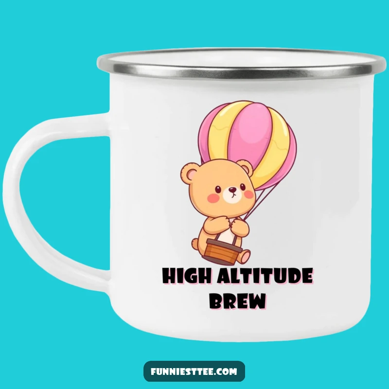 Funny Bear Cub Balloon Camping Mug: Enamel Adventure Brew, Outdoor Gift