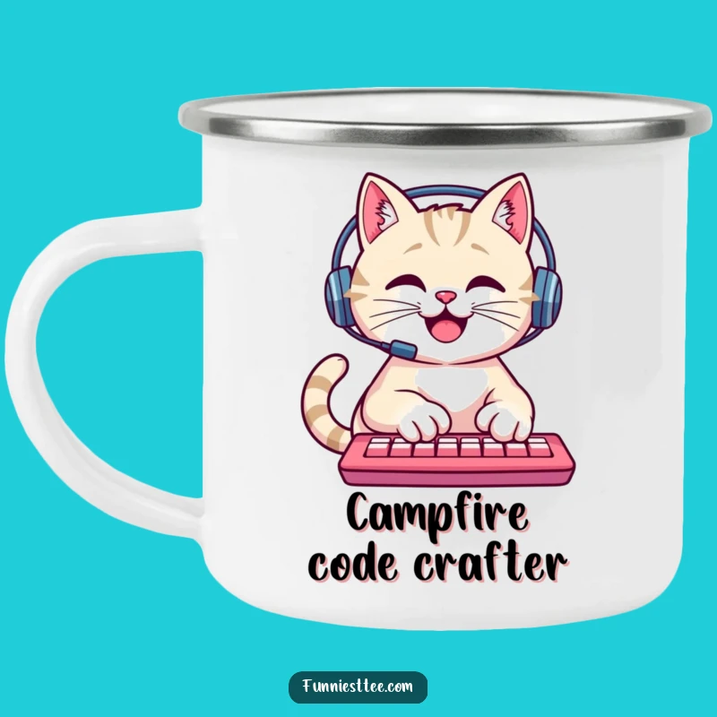 Funny Cat Camping Mug: Happy Typing Cat, Cozy Gamer Camp Gift
