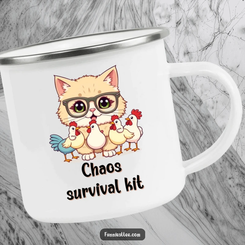 Funny camping mug with a fluffy cat in oversized glasses, comically juggling three rubber chickens in an outdoor setting, bringing humor to the trail.