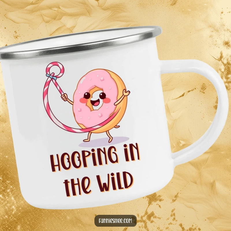 Funny camping mug featuring a donut hula hooping with a licorice whip, ready for campfire stories and outdoor fun.