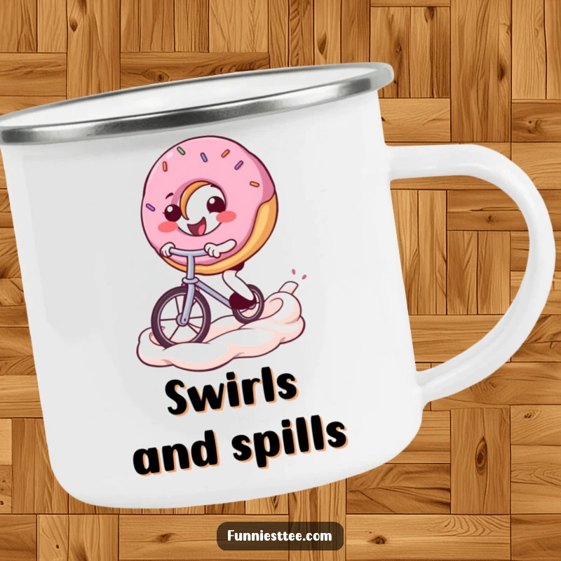 Funny donut camping mug showing a smiling donut character riding a unicycle over a frosting swirl, built for rugged outdoor fun.
