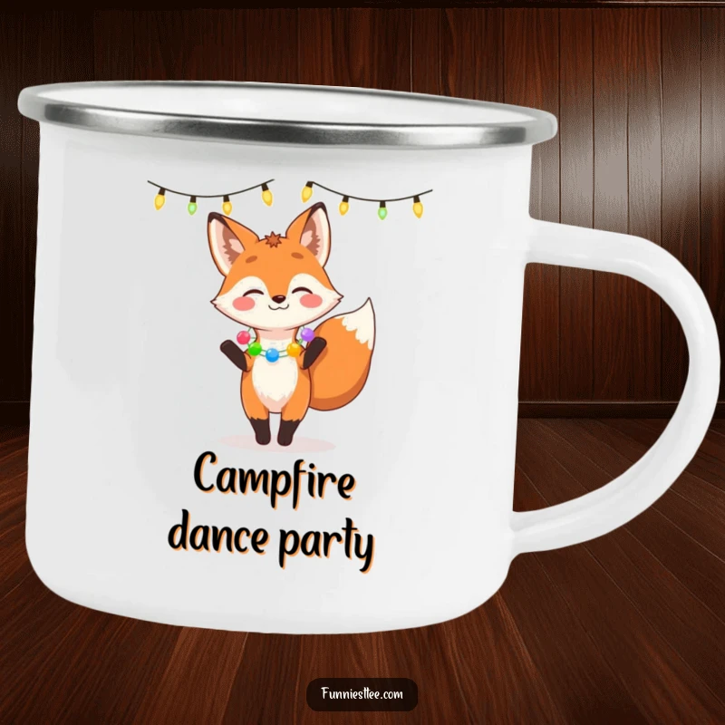 Funny camping mug with a giggling fox in a garland dancing under string lights, ideal for festive sips and outdoor celebrations.