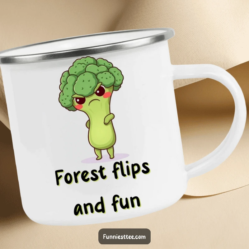 Funny grumpy broccoli camping mug featuring a cute floret attempting a handstand, a humorous and durable mug for outdoor fitness fans.