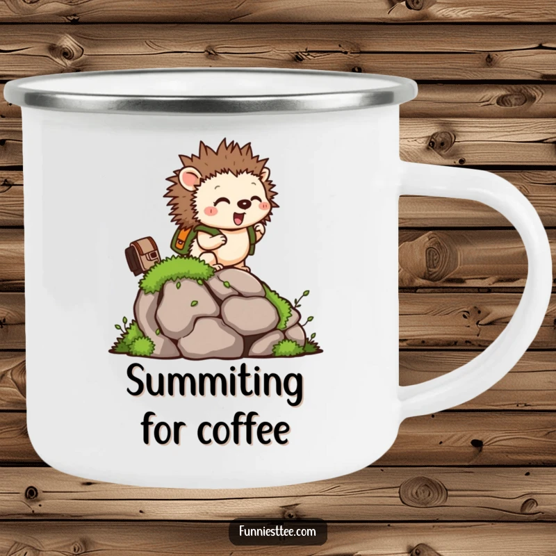 Funny camping mug with a tiny hedgehog with a backpack, climbing a mossy rock, for outdoor adventures.