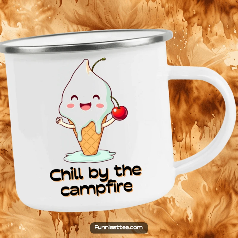 Funny ice cream camping mug featuring a smiling, melting cone reaching for a cherry high-five, a humorous and delightful outdoor drinkware.